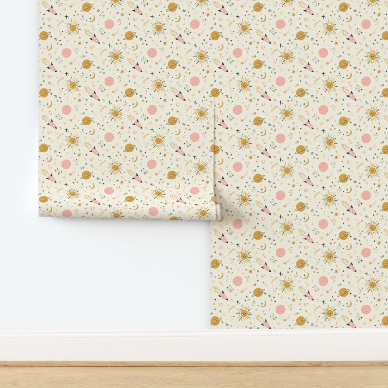 Boho Celestial Baby Nursery Pastel Whimsical Cute Toddler Kid Pink Gold Beige Custom Removable Wallpaper by Spoonflower Peel & Stick Wallpaper 2FT Wide